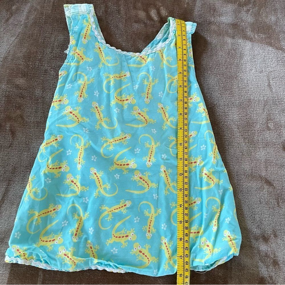 Handmade Little Girls Blue Cotton Crossover Tunic with Yellow Lizard Print Sz4-6 - Picture 8 of 10
